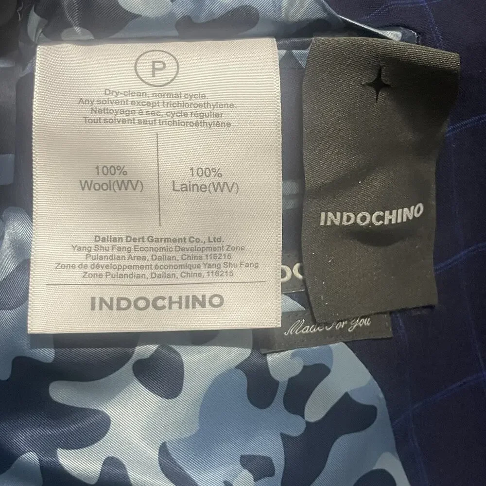 Indochino 2pc Suits Mens Size 44 R Navy Windowpane Camo Lined Jacket Pants 36x31
